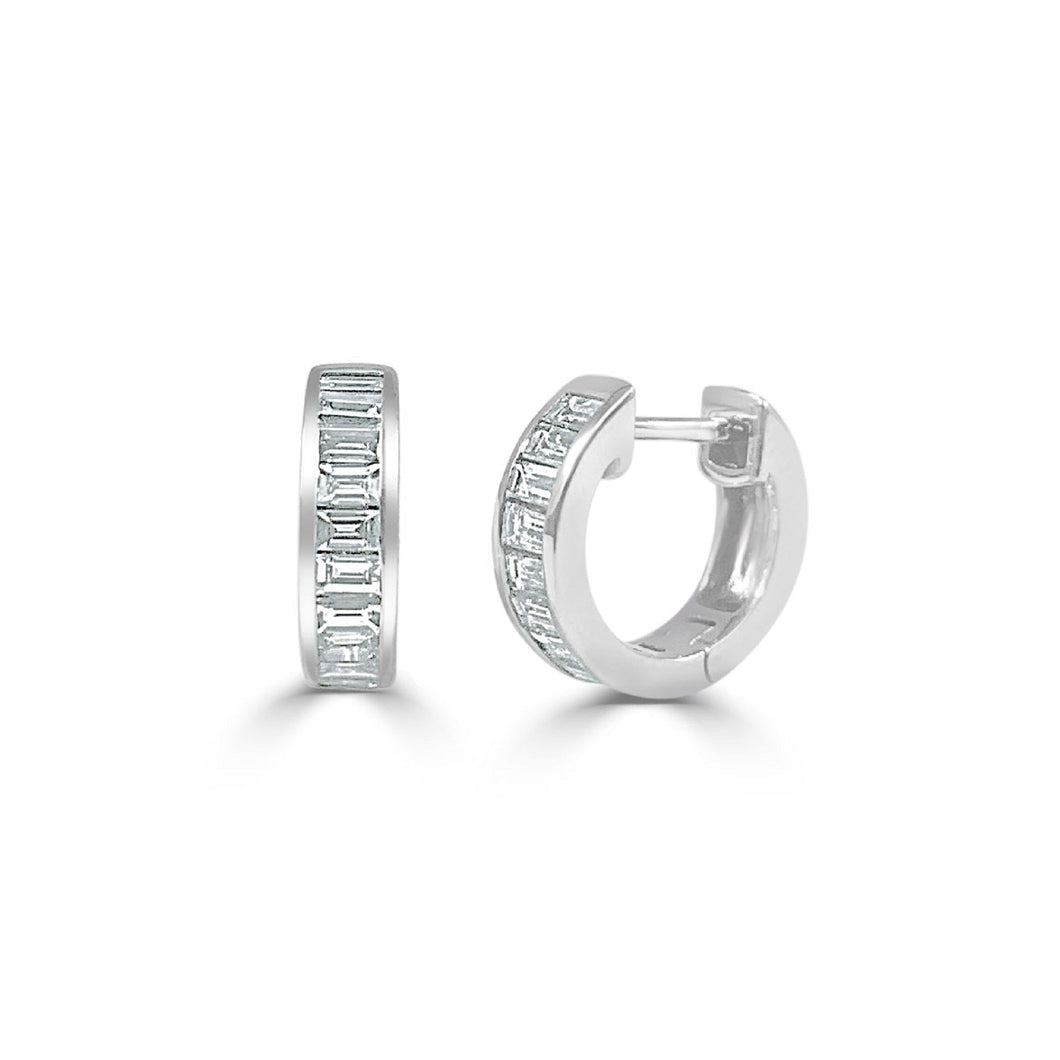 14K Gold Diamond Baguette Hoop Huggie Earrings