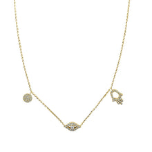 Load image into Gallery viewer, 14K Gold Diamond Evil Eye &amp; Hand of Gd Necklace
