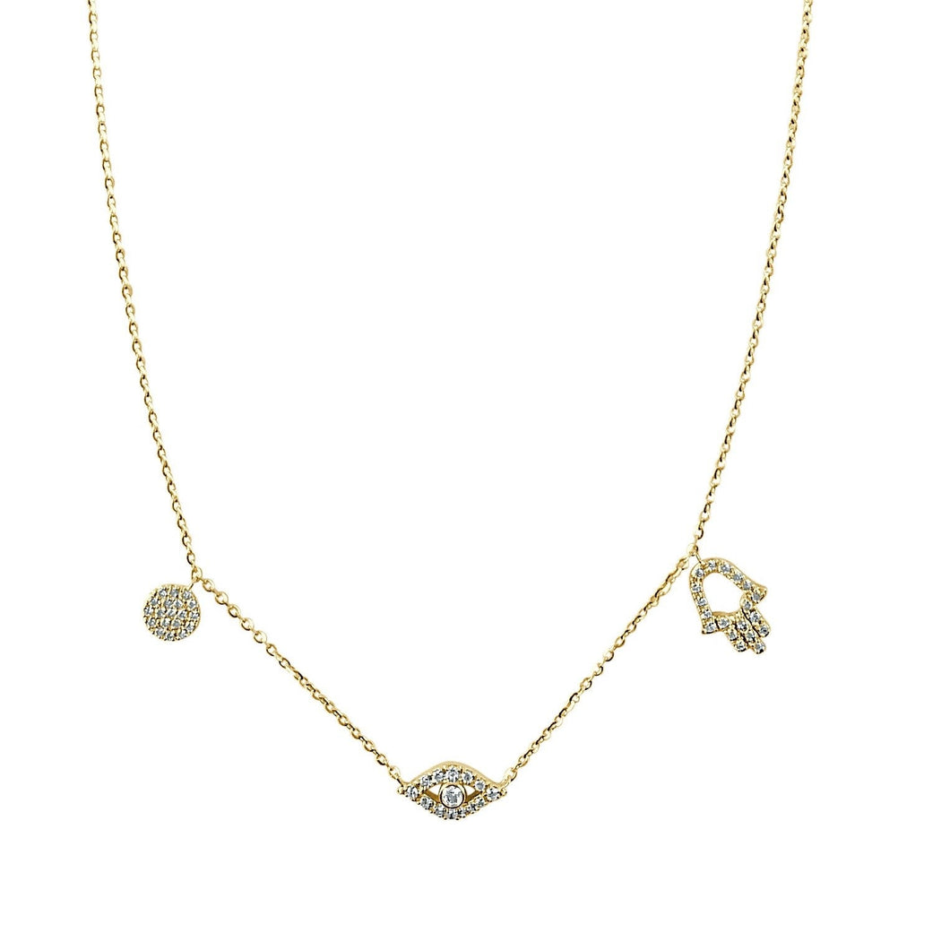 14K Gold Diamond Evil Eye & Hand of Gd Necklace