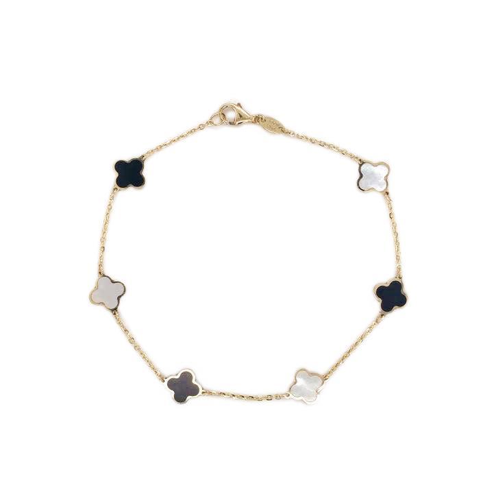 14k Gold Pearl & Onyx Clover Station Bracelet