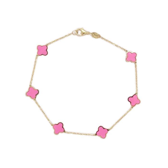 14k Gold & Pink Agate Station Clover Bracelet