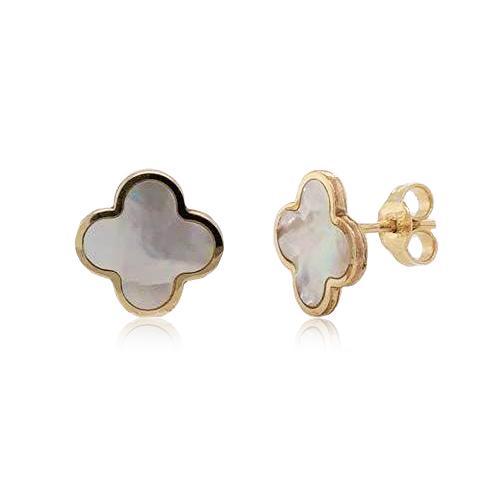 14k Gold & Mother of Pearl Clover Stud Earrings