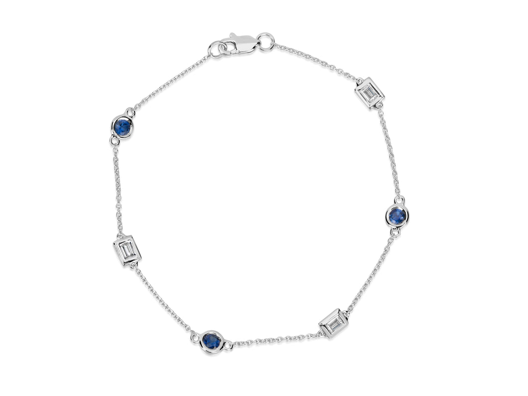 14K White Gold Baguette Diamond & Round Sapphire Station Bracelet