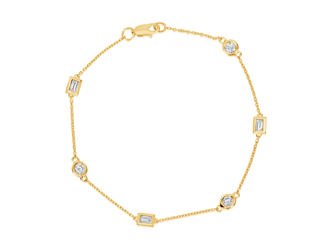 14K Gold Baguette & Round Diamond Station Bracelet 7