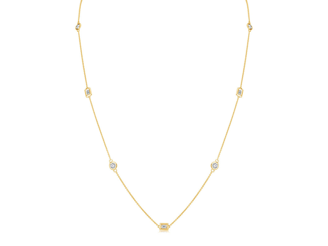 14K Gold 1ct Diamond Baguette & Round Station Necklace 18