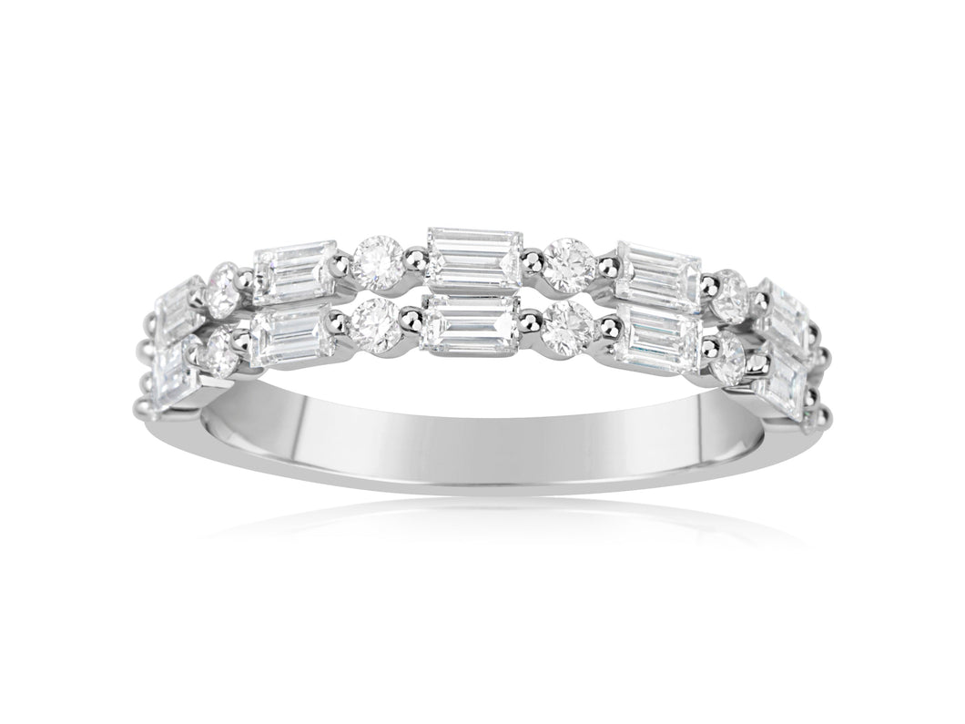 14K White Gold Double Row Diamond Round & Baguette Band