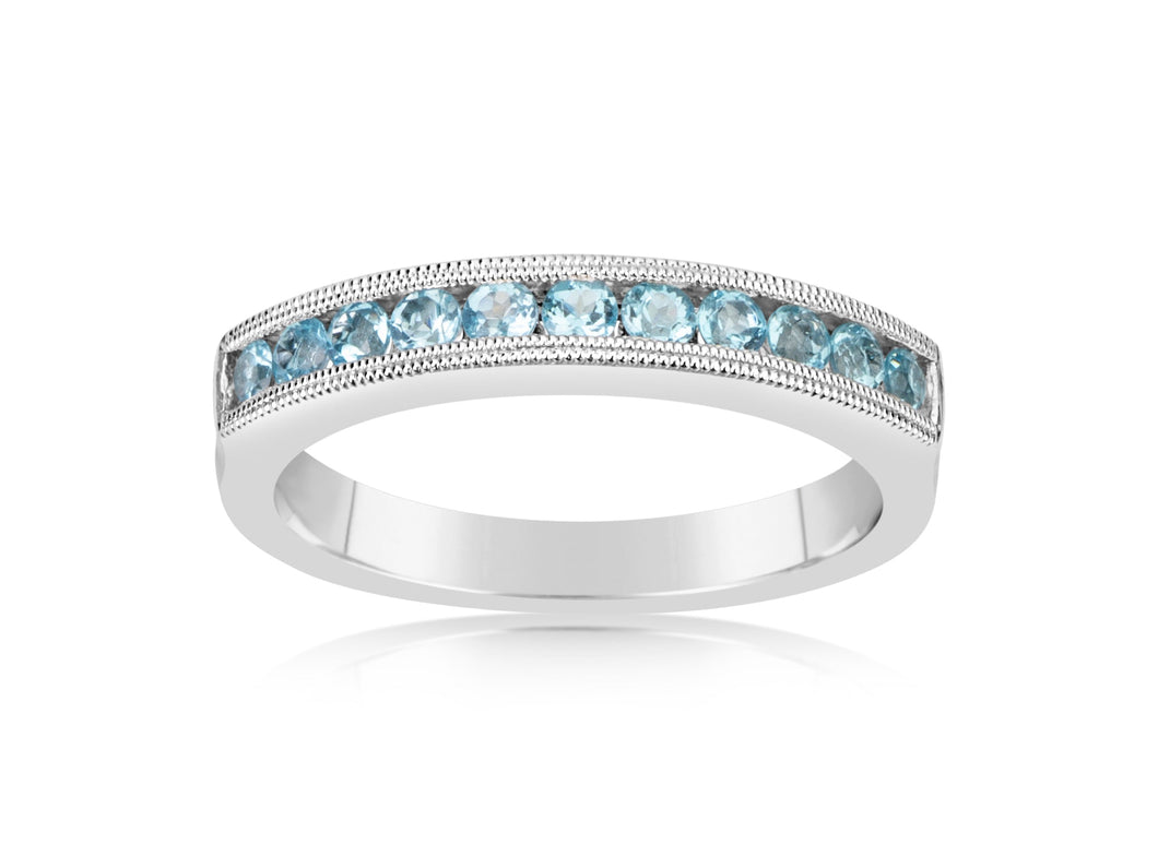 14K White Gold Blue Topaz Half Way Around Milgrain Channel Set Band