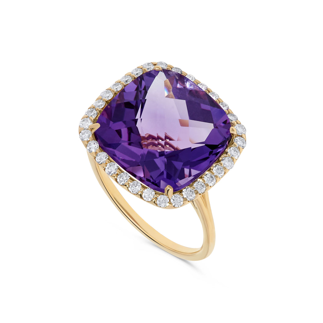 14K Yellow Gold Amethyst & Diamond Ring