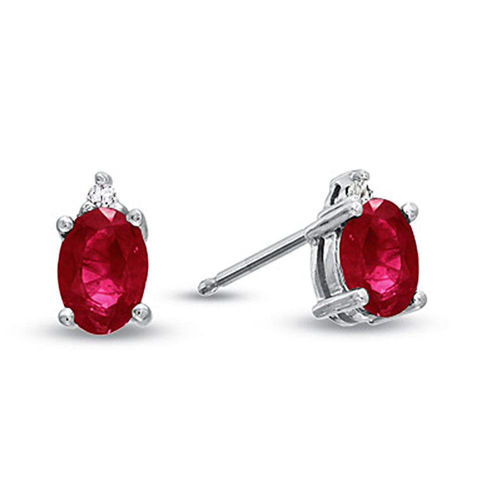 14K White Gold Oval Ruby & Diamond Stud Earrings