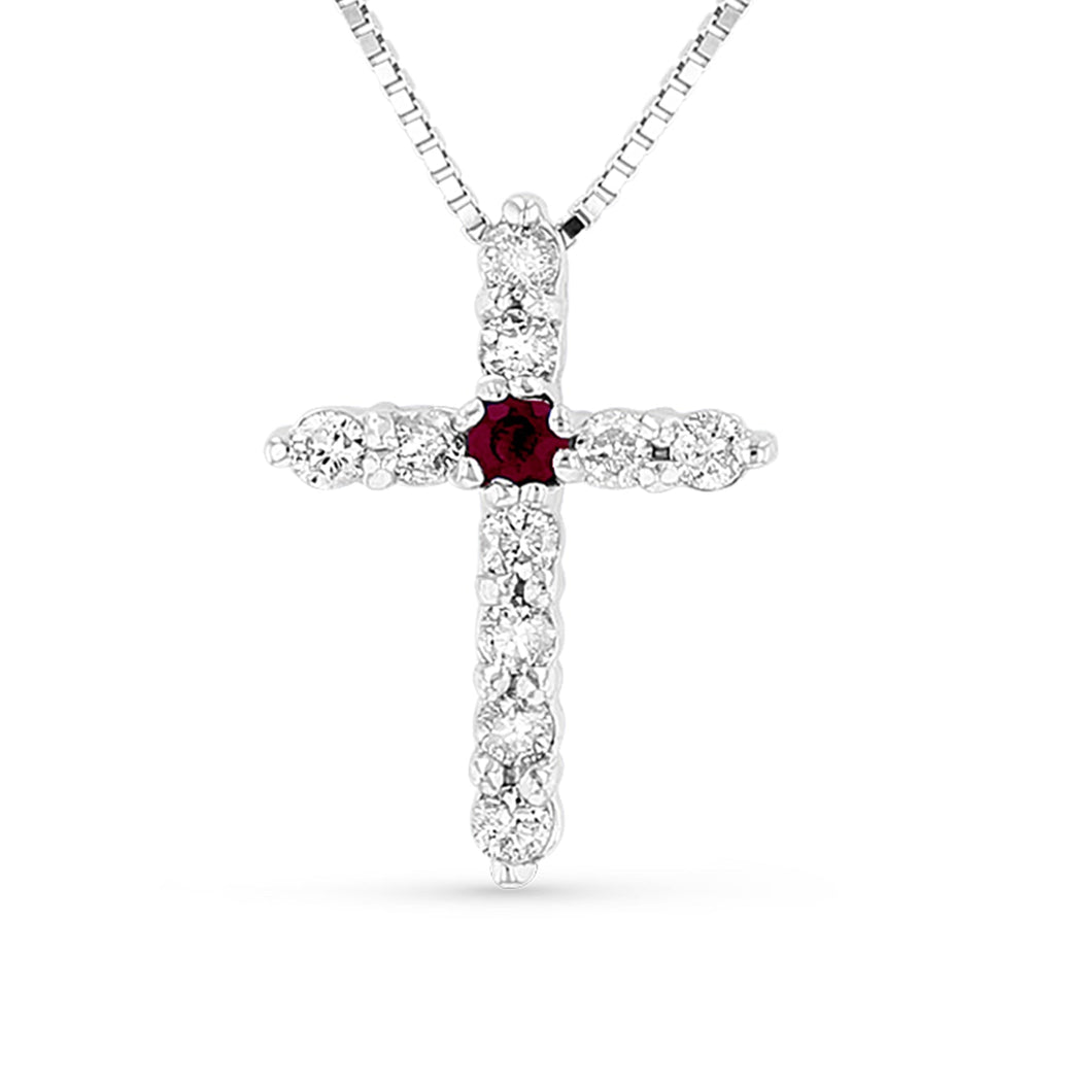 14K White Gold Ruby & Diamond Cross Pendant 18