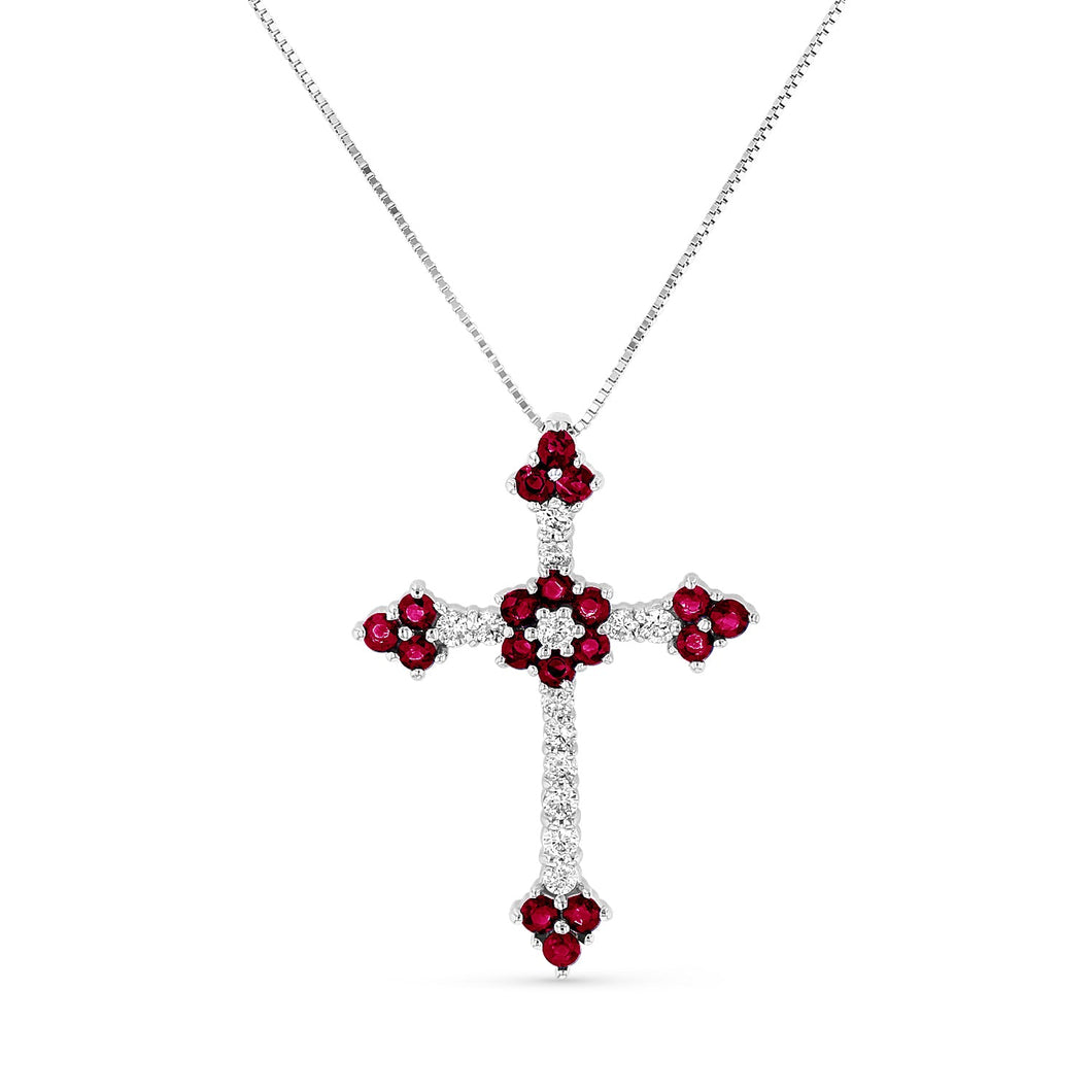 14K White Gold Ruby & Diamond Cross Pendant on 18