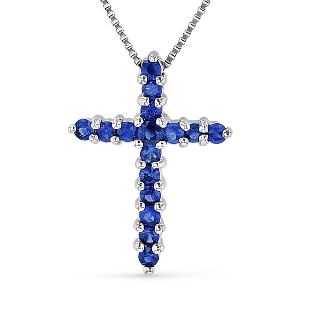 14K White Gold Sapphire Cross Pendant