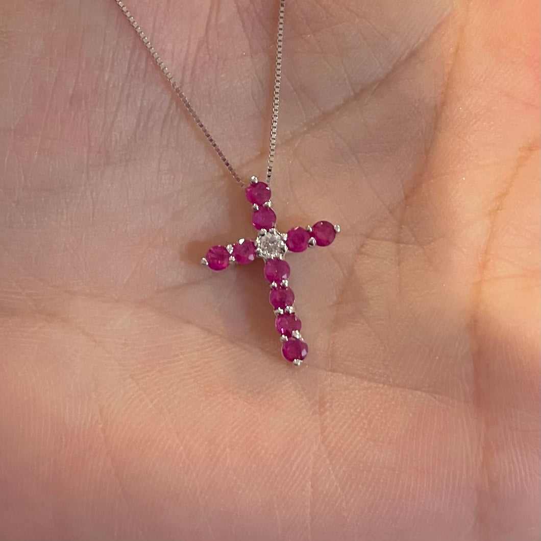 14K White Gold Ruby & Diamond Cross Pendant 18