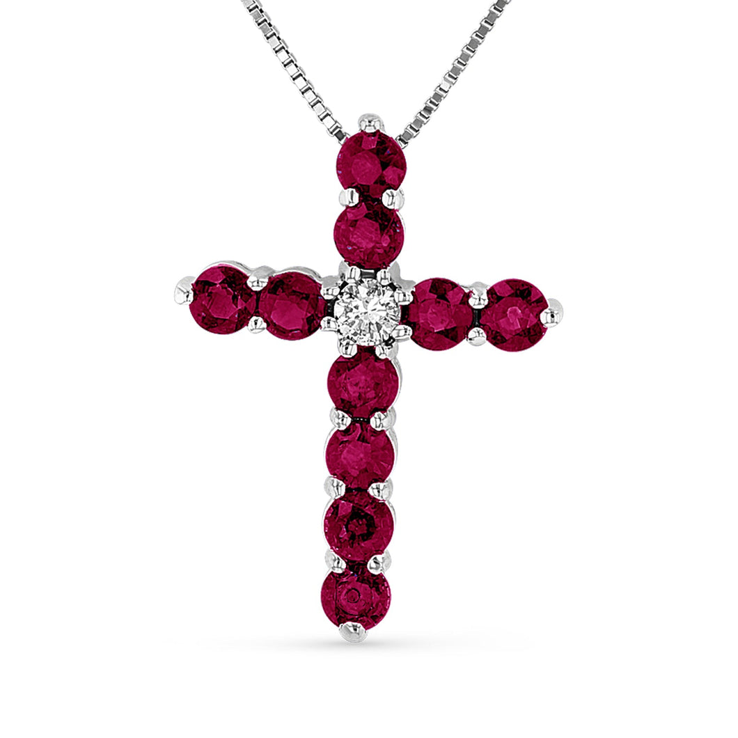 14K White Gold Ruby & Diamond Cross Pendant