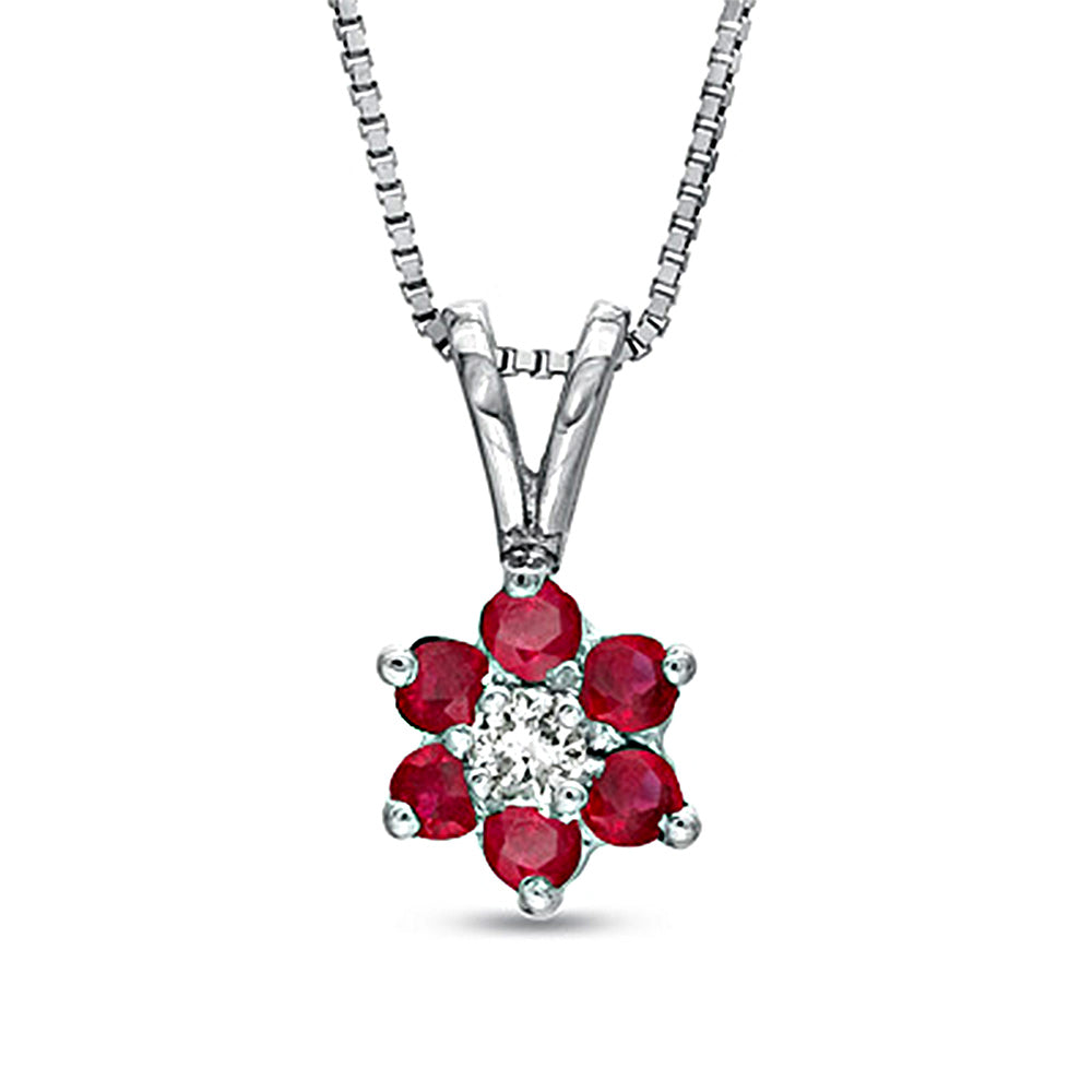 14K White Gold Ruby & Diamond Flower Pendant 18