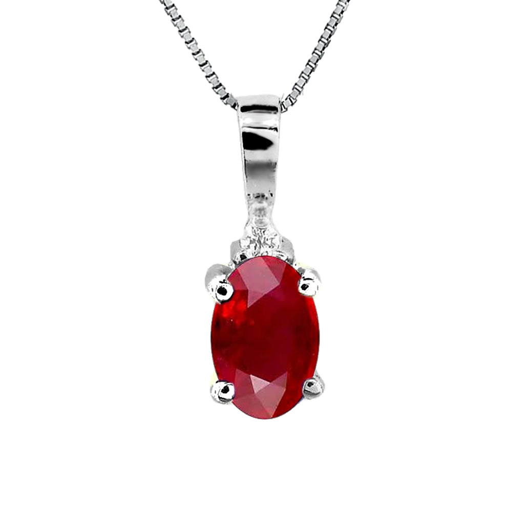 14K White Gold Oval Ruby & Diamond Pendant 18