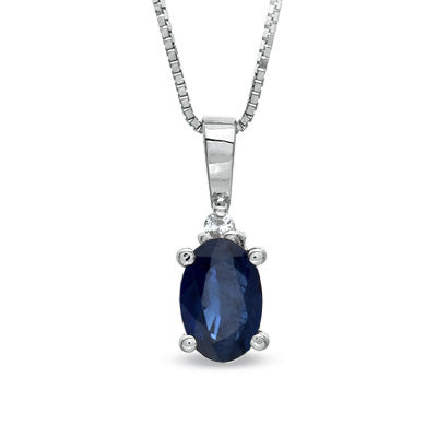 14K White Gold Oval Sapphire & Diamond Pendant 18