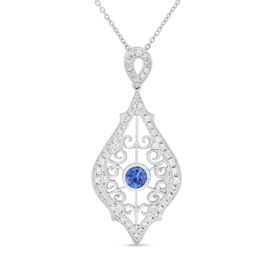 14K White Gold Sapphire & Diamond Pendant 18