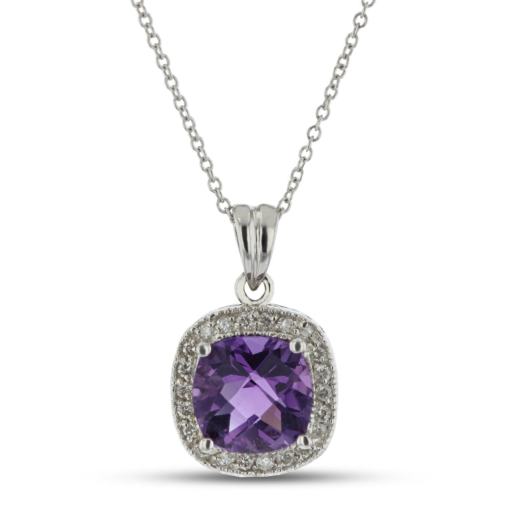 14K White Gold Amethyst & Diamond Pendant on 18