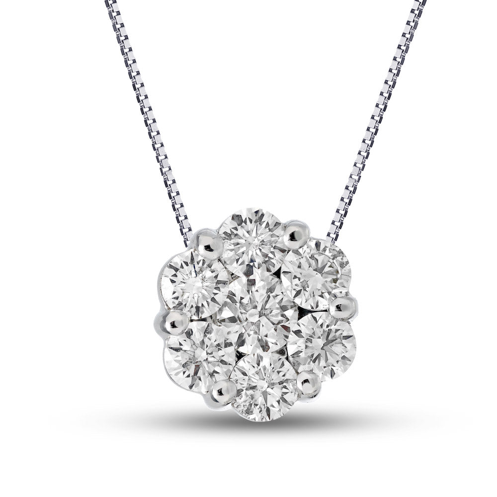 14K White Gold Diamond Flower Pendant on 18