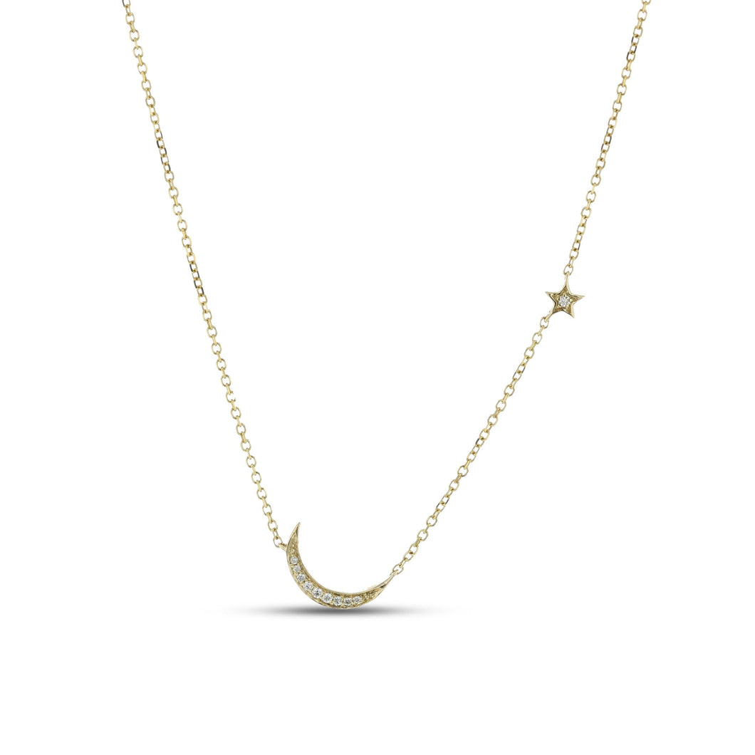 14K Yellow Gold Diamond Moon & Star Necklace