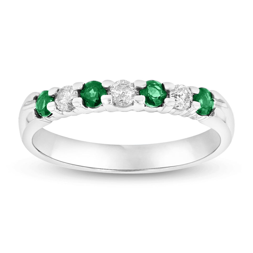 14K White Gold Emerald & Diamond Band