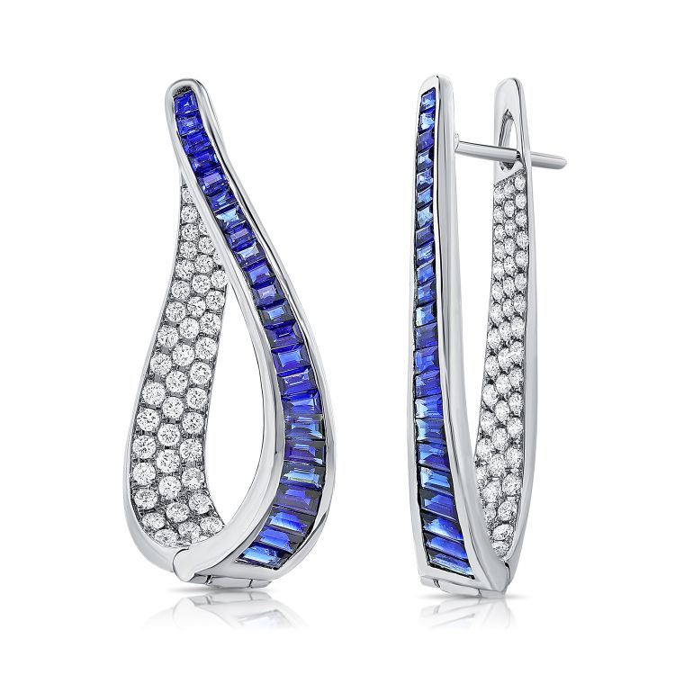 14K Gold Sapphire & Diamond Hoop Earrings