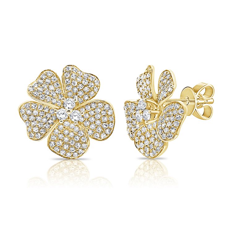 14K Yellow Gold Diamond Flower Stud  Earrings