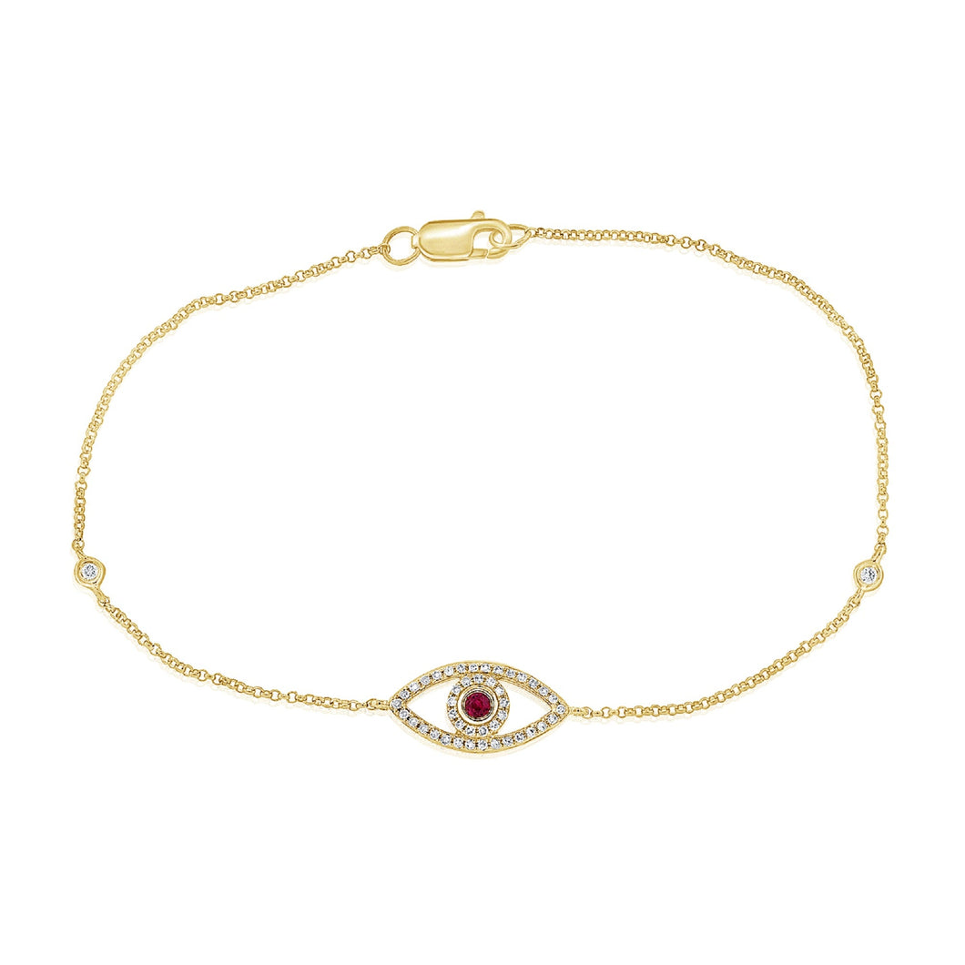 14K Yellow Gold Ruby & Diamond Evil Eye Bracelet