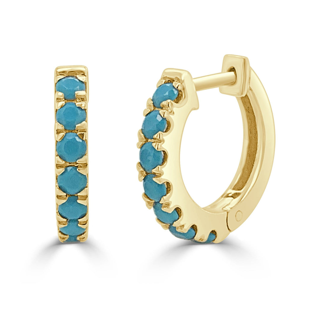 14K Yellow Gold Turquoise Small Hoop Earrings