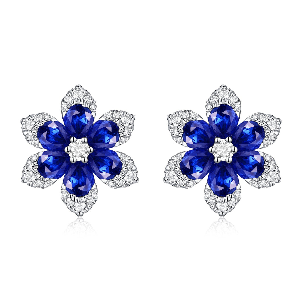 14K Gold Sapphire & Diamond Flower Stud Earrings