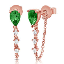 Load image into Gallery viewer, 14K Yellow Gold Emerald &amp; Diamond Chain Dangle Earrings
