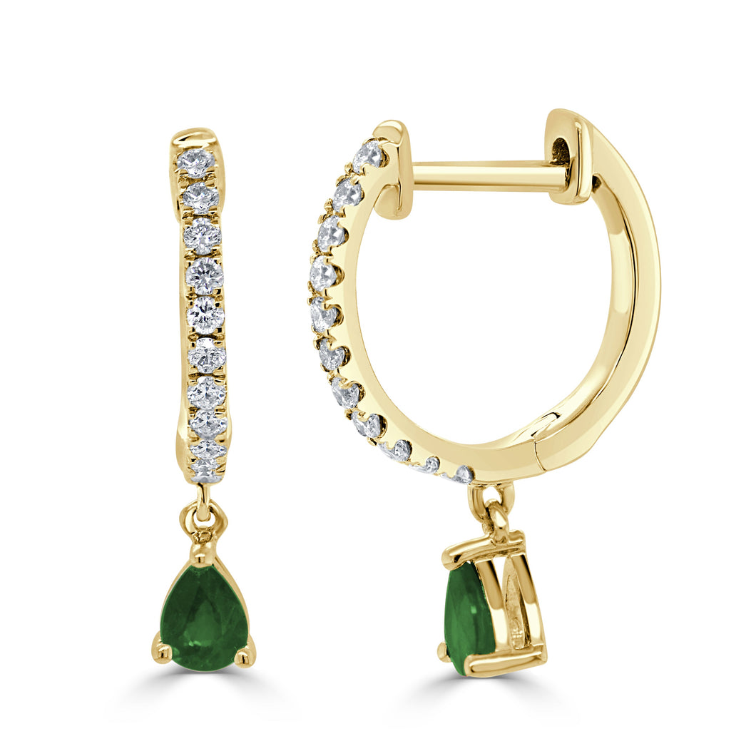 14K Gold Emerald & Diamond Huggie Earrings