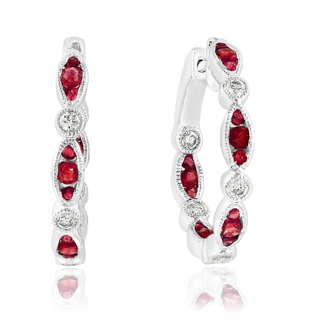 18K White Gold Ruby & Diamond Hoop Earrings 3/4