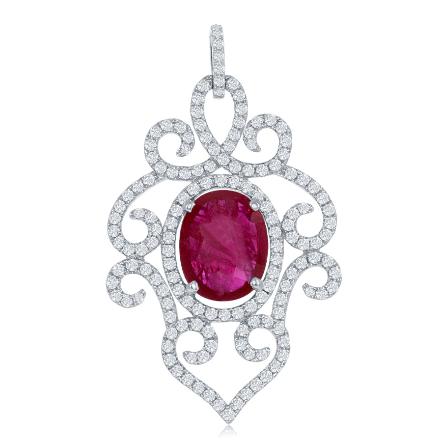 18K White Gold Ruby & Diamond Pendant