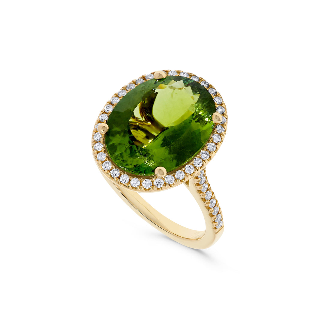 14K Yellow Gold Green Tourmaline & Diamond Ring