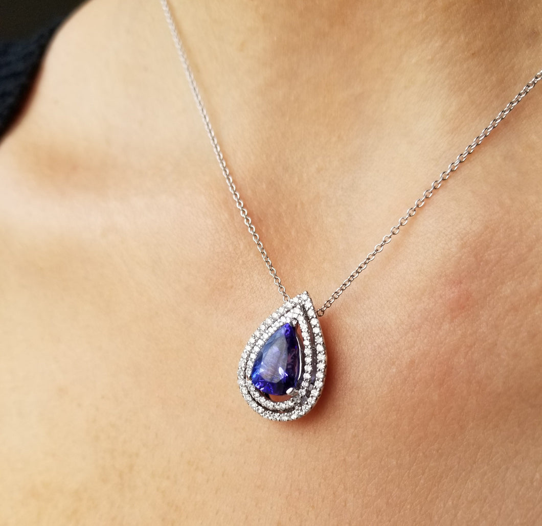 14K White Gold Pear Shape Tanzanite & Diamond Pendant